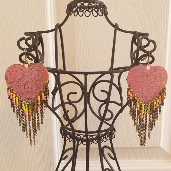 Earrings - Rustic pink hearts, dangle - Picture 1 of 5